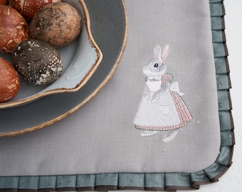 Set of 2/4/6 Bunny placemats Gray fabric placemats Embroidered tablemat Bunny tablemats Ruffle placemats Embroidered rabbit Waterproof Gift