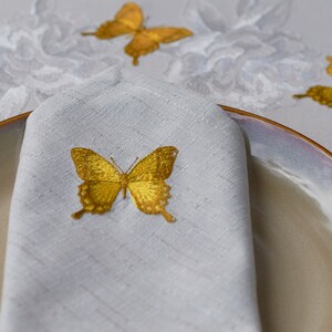 SET OF 2 NAPKINS Beige embroidered napkins Fabric napkins Embroidered butterfly Linen texture Ideal with peony tablecloth Garden Gift image 3