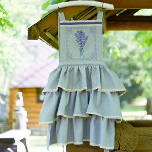Embroidered Lavender Apron: Gray Linen Lace Ruffle Apron