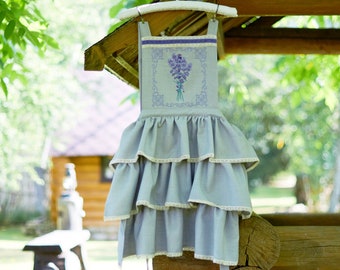 Lavender apron Chic apron Women apron Embroider apron Ruffle apron Embroider lavender Linen lace Waterproof coating Gray apron Gift for her