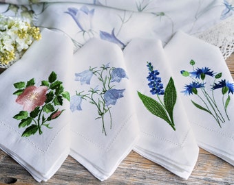 Embroidered Linen Napkin: Meadow Flowers, White Hemstitched