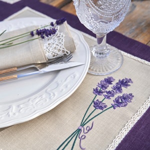 Embroidered Lavender Placemats: Sand Beige with Purple Edge, Waterproof