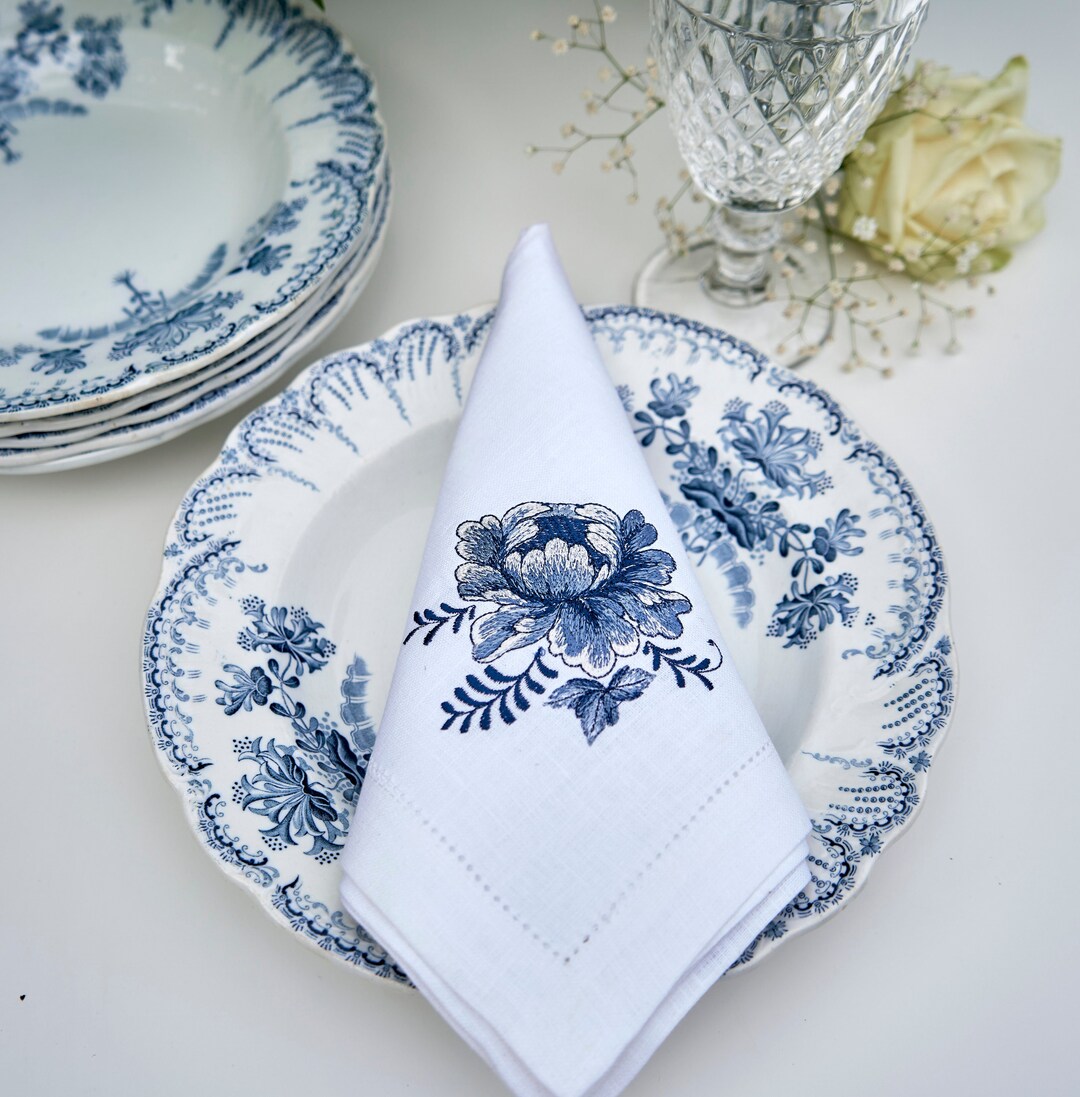 Blue and White Embroidered Napkin Embroidered Napkins White Napkins