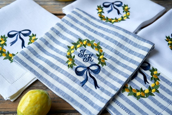 Embroidered Lemon Wreath Napkins: Spring Table Decor