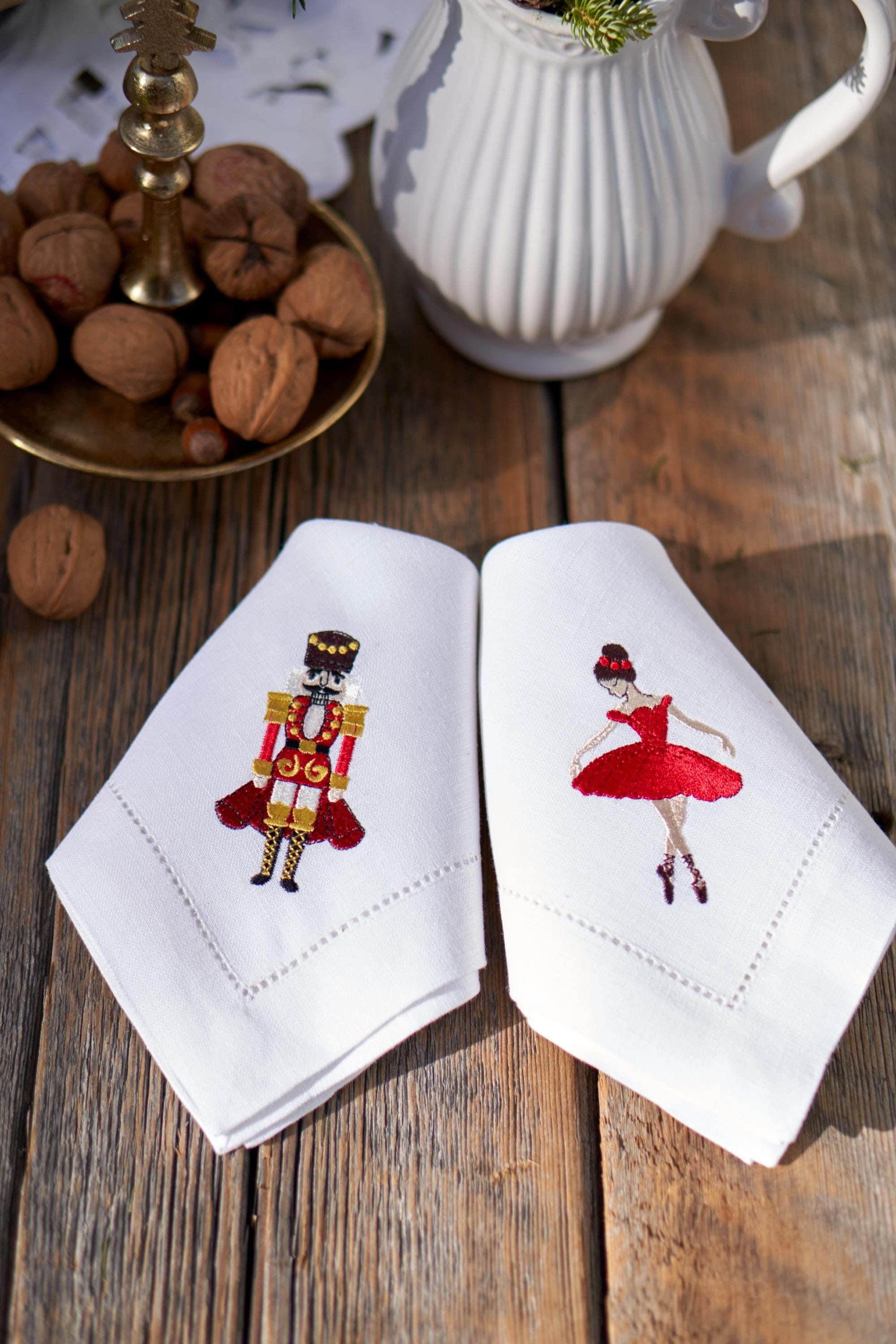 Embroidered Christmas Linen Napkins: Ballerina and Nutcracker