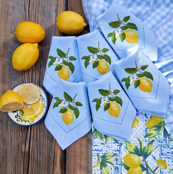Lemon Print Tablecloth & Embroidered Linen Napkins: Sicilian Sky Blue Ruffle