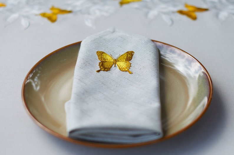 SET OF 2 NAPKINS Beige embroidered napkins Fabric napkins Embroidered butterfly Linen texture Ideal with peony tablecloth Garden Gift image 1