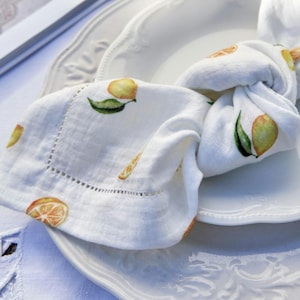 Luxury Lemon Muslin Napkins: White Cotton Hemstitched Table Decor