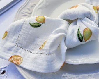 Luxury Lemon Muslin Napkins: White Cotton Hemstitched Table Decor