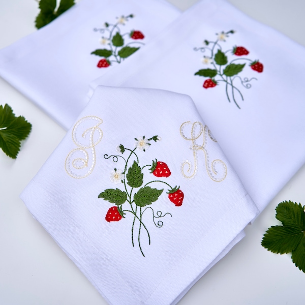 Wild strawberries napkin Embroidered napkins White napkins Linen napkin Summer napkins Embroidered strawberries Waterproof Hemstitched Gift