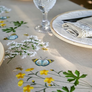 Embroidered Summer Tablecloth: Sand Beige Linen with Meadow Flowers