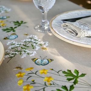 Summer tablecloth Embroidered tablecloth Summer flower Meadow flowers Sand beige tablecloth Linen lace Linen texture Waterproof coating Gift