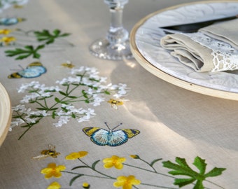 Summer tablecloth Embroidered tablecloth Summer flower Meadow flowers Sand beige tablecloth Linen lace Linen texture Waterproof coating Gift