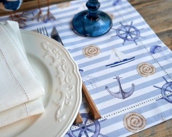 Nautical placemat Decorative edge Canvas cotton Fabric tablemat Marine Maritime Pelagic Hemstitched placemat Vintage style Housewarming gift