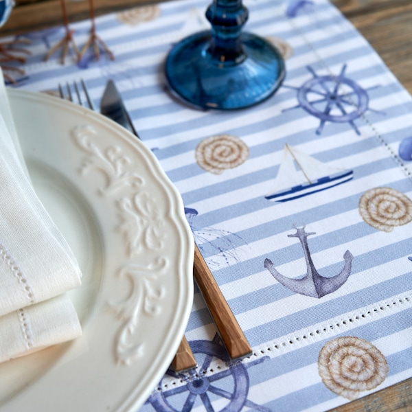 Nautical placemat Decorative edge Canvas cotton Fabric tablemat Marine Maritime Pelagic Hemstitched placemat Vintage style Housewarming gift