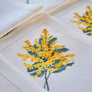 Embroidered Mimosa Napkins: White Linen Hemstitched Spring Decor