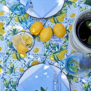 May include: A blue and white tablecloth with a lemon pattern. There are two place settings with blue napkins, white plates, and wooden utensils. There are lemons on the table and a potted lemon tree in the background.