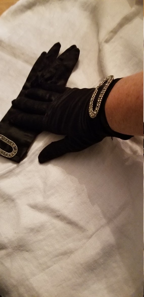 Black Stretch Satin Gloves w/Rhinestones