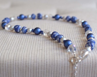 Handmade Beaded Necklace - Beaded Jewellery - Crystal Beads Necklace - Glass Beads Necklace - Silver Bead Necklace - Blue Bead Necklace