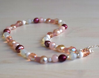 Handmade Beaded Necklace - Beaded Jewellery - Crystal Beads Necklace - Glass Beads Necklace - Silver Bead Necklace - Pink