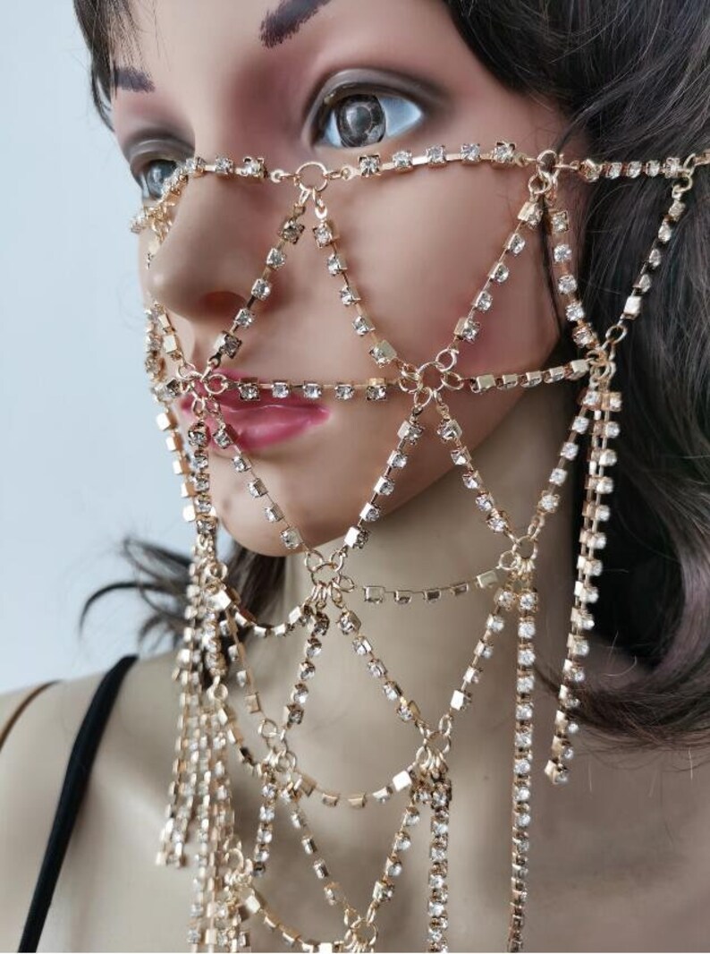 Gold rhinestone face chain mask gold chain mask silver Etsy