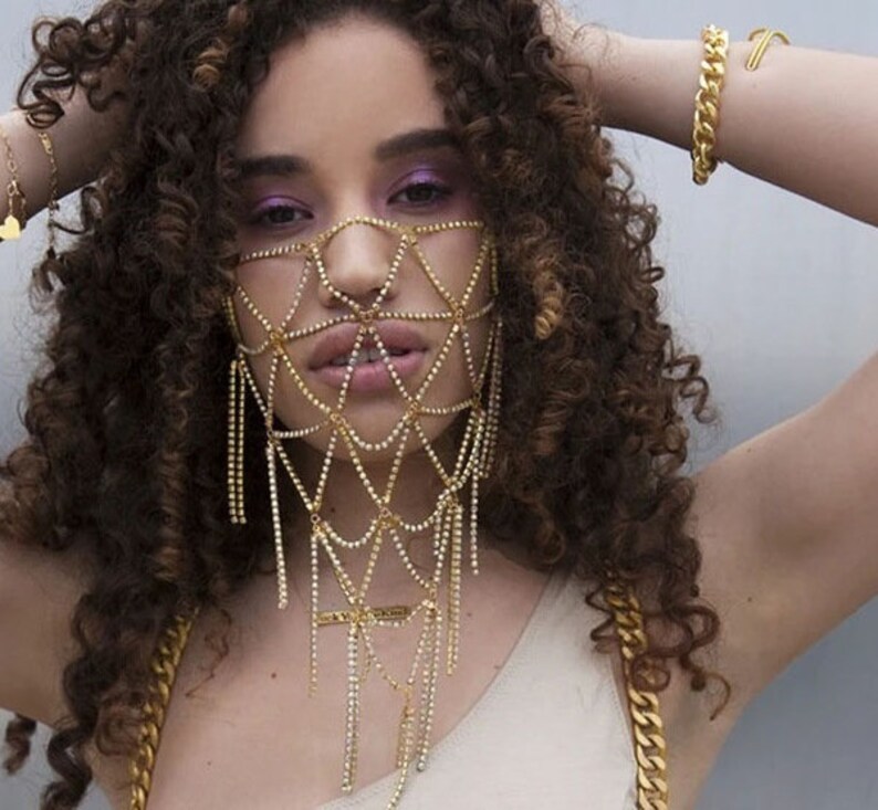 Gold rhinestone face chain mask gold chain mask silver Etsy