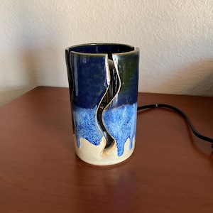 Handmade Ceramic Lamp, Table Lamp, Desk Lamp, Blue Overtop Tan