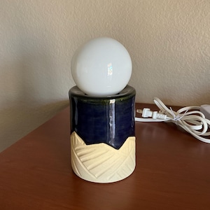 Handmade Ceramic Lamp, Table Lamp, Desk Lamp, Blue With Carved Mountains