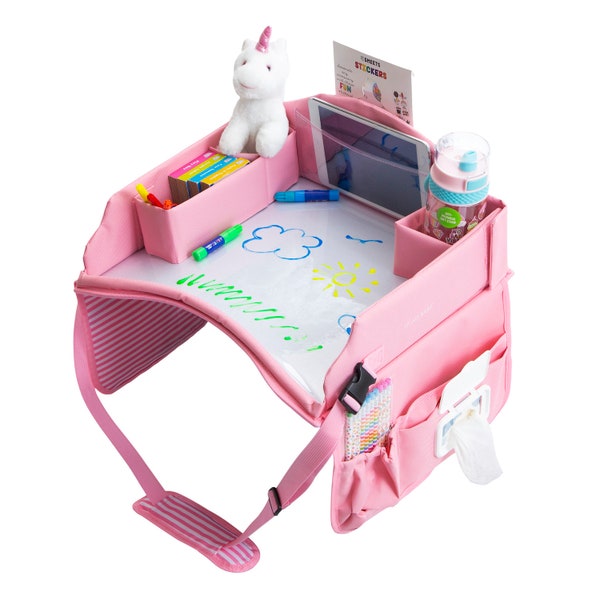 Premium Kids Travel Tray, Waterproof Surface, Front and Rear Facing, with Dry Erase Board for Car Seats and More