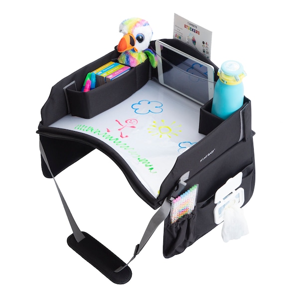 Premium Kids Travel Tray, Waterproof Surface, Front and Rear Facing, with Dry Erase Board for Car Seats and More