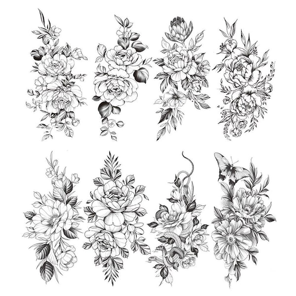 8x Tatouage Temporaire / Pivoine Fleurs Florales / Superbe Tatouage / Tattooprint