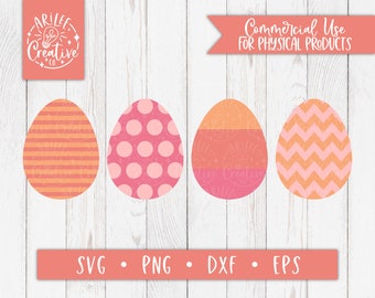 May include: Four pink and orange Easter egg designs with different patterns: stripes, polka dots, chevron, and a two-toned design.  The text "SVG • PNG • DXF • EPS" is at the bottom of the image.