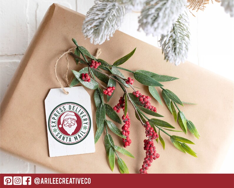 May include: A white gift tag with a green and red circle design featuring a cartoon Santa Claus with the text "Express Delivery Santa Mail". The tag is tied with twine and is hanging from a sprig of green leaves with red berries.