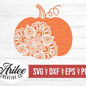 Op de afbeelding: Oranje pompoen met een wit mandala-ontwerp. De pompoen is zwart omlijnd. De achtergrond is een wit houtnerfpatroon.