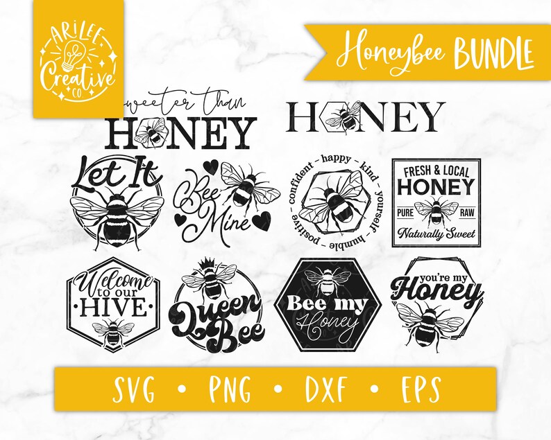 Peut inclure: Un ensemble de 10 fichiers de d&eacute;coupe SVG sur le th&egrave;me de l'abeille, en noir et blanc. Les motifs comprennent des textes tels que "Let It Bee", "Bee My Honey", "Queen Bee", "Welcome to Our Hive", "Sweeter Than Honey", "Fresh & Local Honey", "You're My Honey", et "Bee Mine".