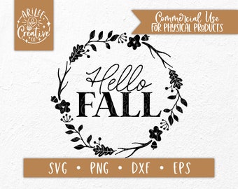 Hello Fall SVG, Fall Wreath SVG, Hello Fall PNG, Autumn Wreath png, Fall cut file, Cute fall svg, fall circle frame svg, floral frame svg
