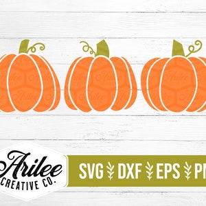 Peut inclure: Trois citrouilles orange avec des tiges et des feuilles vertes sur un fond de bois blanc. Le texte "Arilee Creative Co." est en bas de l'image. Le texte "SVG, DXF, EPS, PNG" est en bas de l'image.