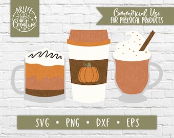 May include: Three digital illustrations of pumpkin spice lattes. The first latte has a brown and orange layered design with whipped cream on top. The second latte is a brown cup with a white lid and a pumpkin design on the side. The third latte has a brown cup with whipped cream and a cinnamon stick on top.
