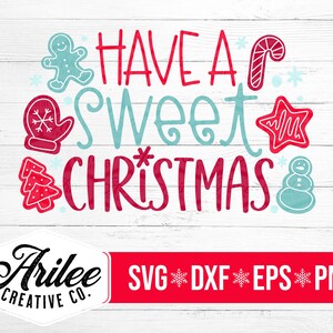Pode incluir: Design de Natal vermelho e azul com o texto "Have a Sweet Christmas". O design inclui um homem de gengibre, uma luva, um bastão de caramelo, uma estrela e um boneco de neve.