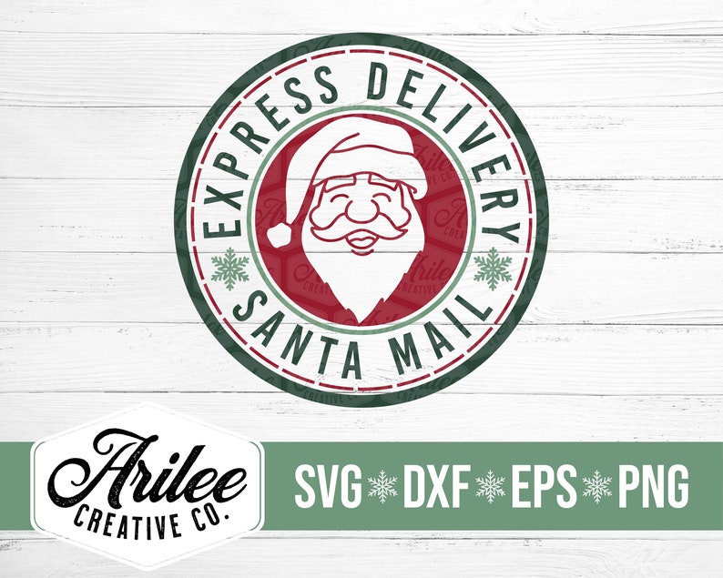 May include: A green and red circular design with the text "Express Delivery Santa Mail" and a cartoon image of Santa Claus's face. The design is on a white wood background. The text "Arilee Creative Co." is in the lower left corner and the text "SVG DXF EPS PNG" is in the lower right corner.