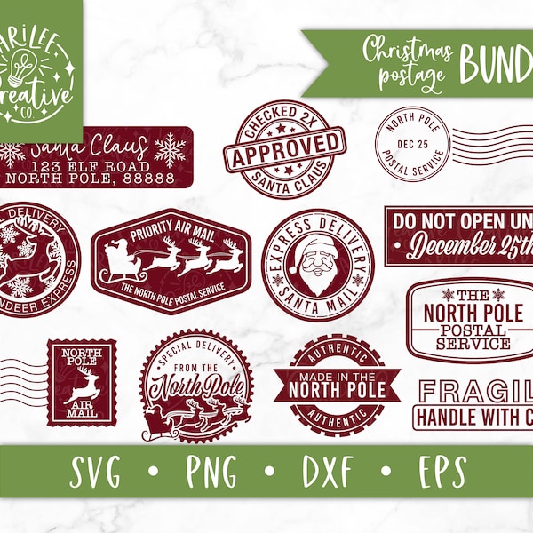 Christmas SVG Bundle - Christmas Stamps SVG - Postage Seal SVG - Santa Seal Svg - North Pole Air Mail Svg - Christmas Postal Service Svg