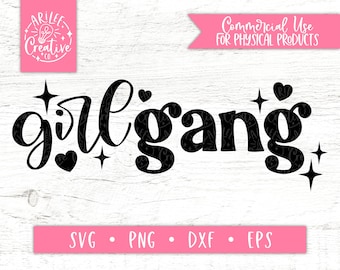 May include: Black and white graphic design with the text "girl gang" in a stylized font. The design includes stars and hearts.