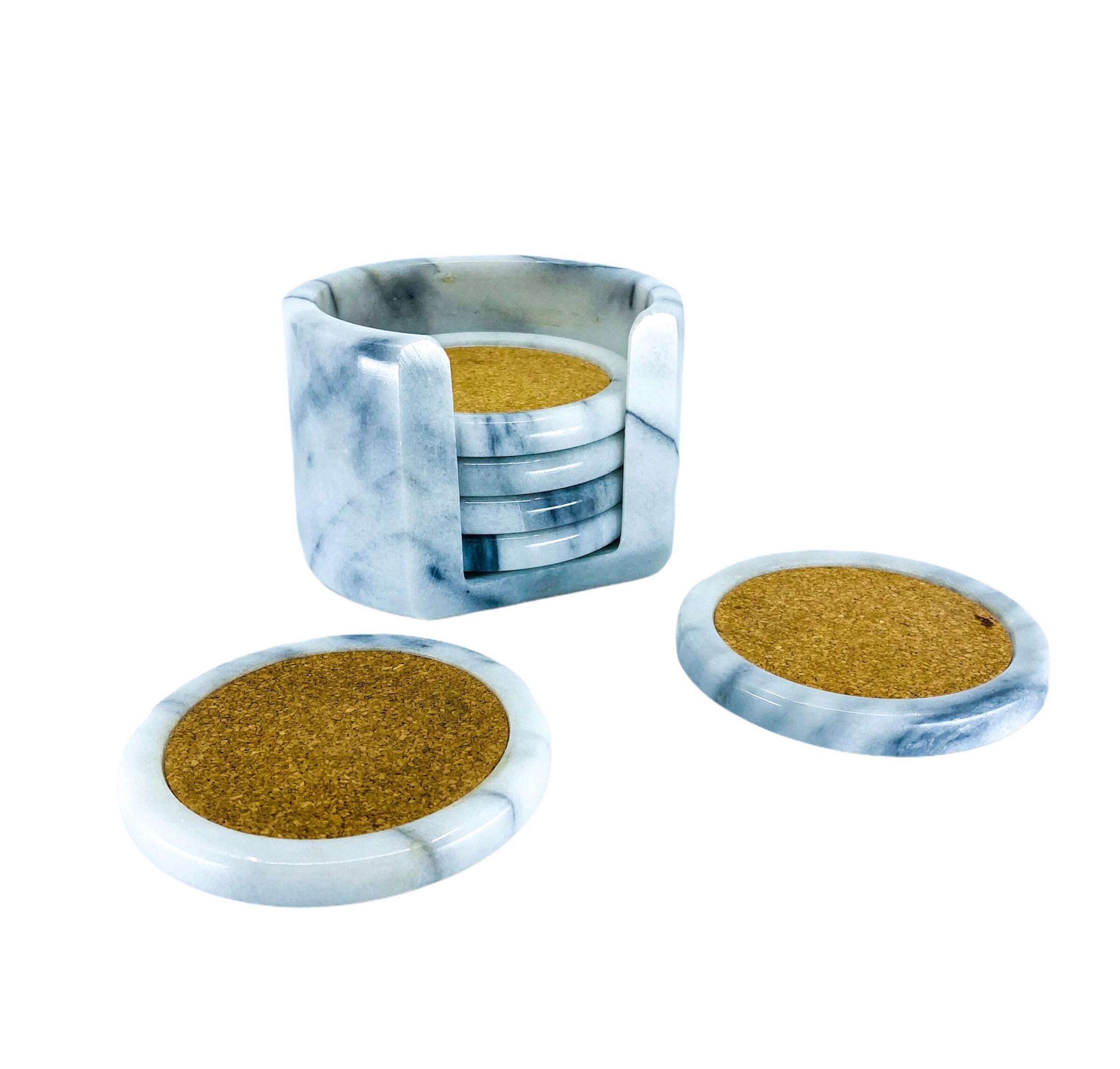 White Marble and Cork Coasters with Caddy Set of 6 Etsy