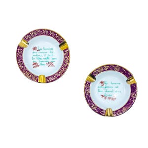 Antique Limoges France &quot;About a Man&quot; Porcelain Ashtrays, Pair