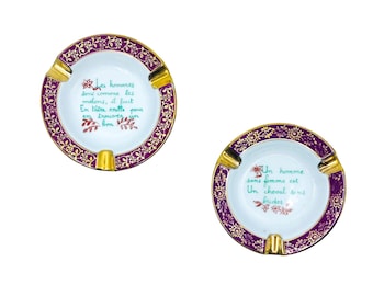 Antique Limoges France "About a Man" Porcelain Ashtrays, Pair