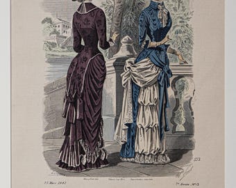 Antik 1882 Französischer Mode-Druck, Journal des Demoiselles, handkolorierter viktorianischer Stich, Wandkunst