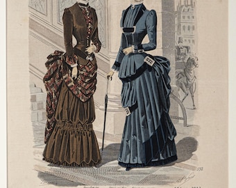 Grabado victoriano coloreado a mano, lámina de moda francesa antigua de 1882, Journal des Demoiselles, arte de pared