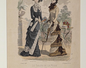 Victorian Wardrobe Art, April 1881 French Fashion Illustration, Authentic Paris Antique Print, Historical Costume Art, Framed Ephemera Gift