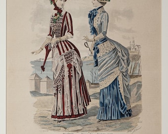 Fashion Print Antique 1882 French, Hand-Colored Victorian Engraving, Journal des Demoiselles, Wall Art