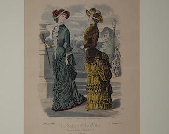 Estampa francesa antigua de 1882, Journal des Demoiselles, grabado victoriano coloreado a mano, arte para pared.
